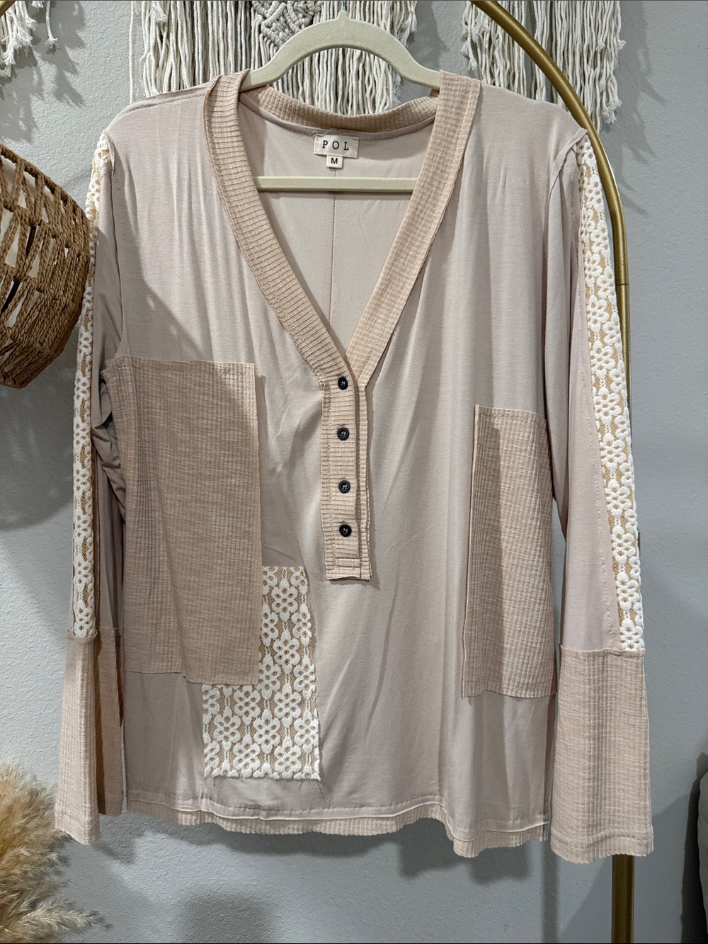 POL Beige/Blush Patchwork Lace-Detail Long Sleeve Top